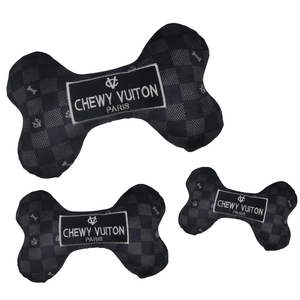 Black Checker Chewy Vuiton Bone Squeaker Dog Toy – Petit Pups Pawtique &  More
