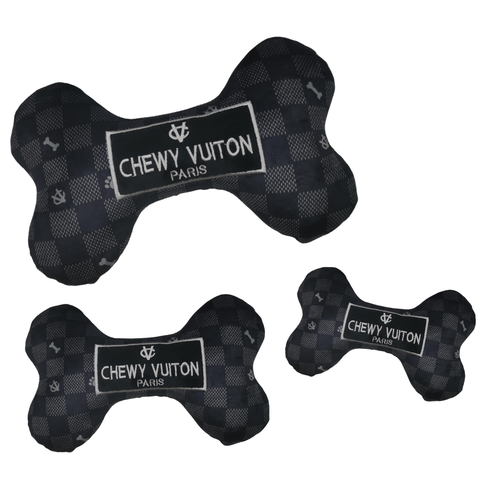 Black Checker Chewy Vuiton Bone Squeaker Dog Toy